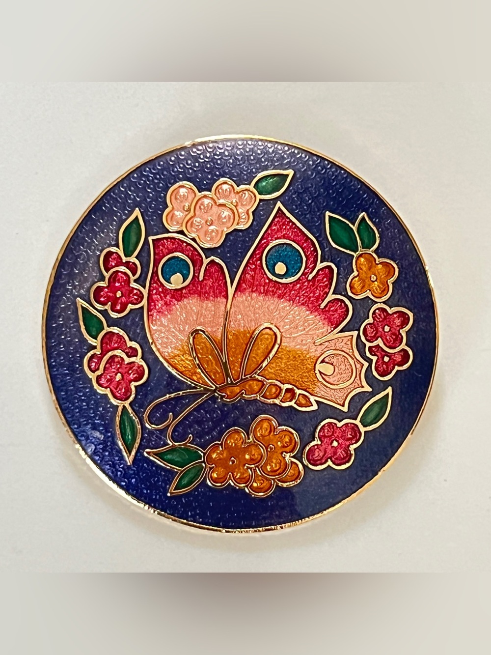 Vintage Cloisonne Enamel Butterfly Floral Round Brooch 2”